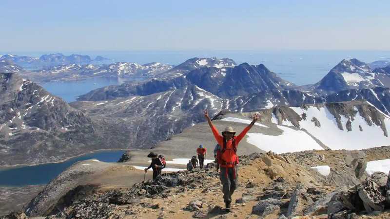 Panoramic vistas from the top of Mount Qeqqit Qaqqartivaat, Greenland