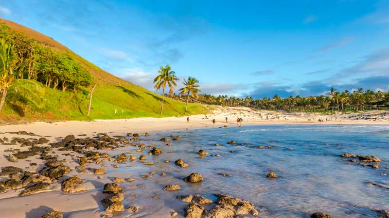 Take in the stunning coastal beach of Anakena on Easter Island