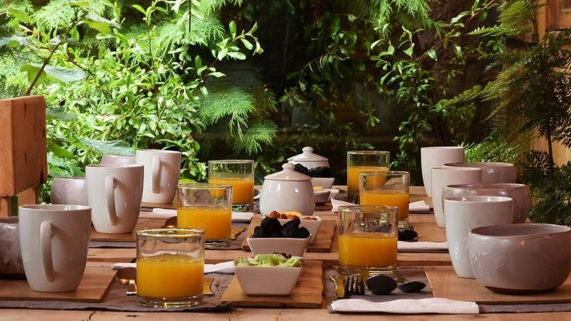 Breakfast table set with juice, cups and bowls on a garden terrace - Patagonia Cycle - Northern Austral, Chile