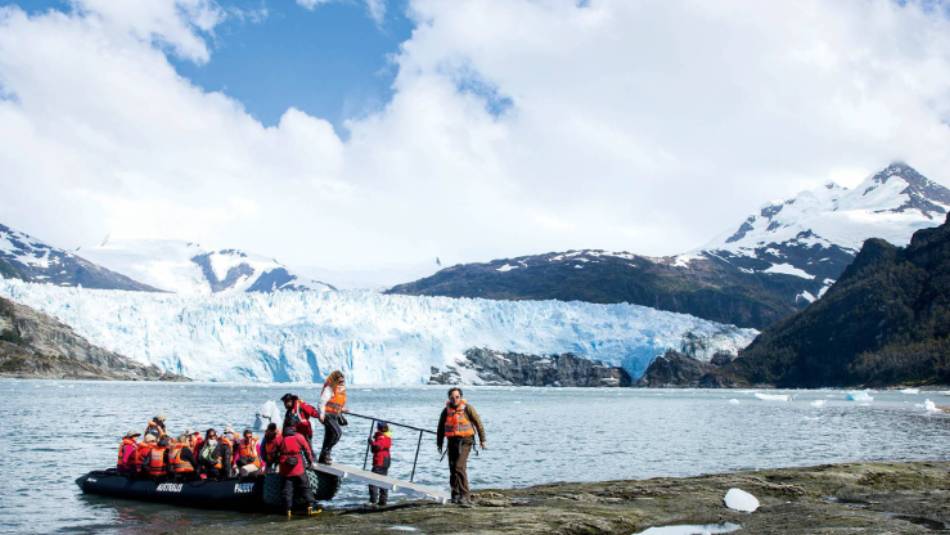 Exploring Brookes Glacier on the zodiacs with Australis