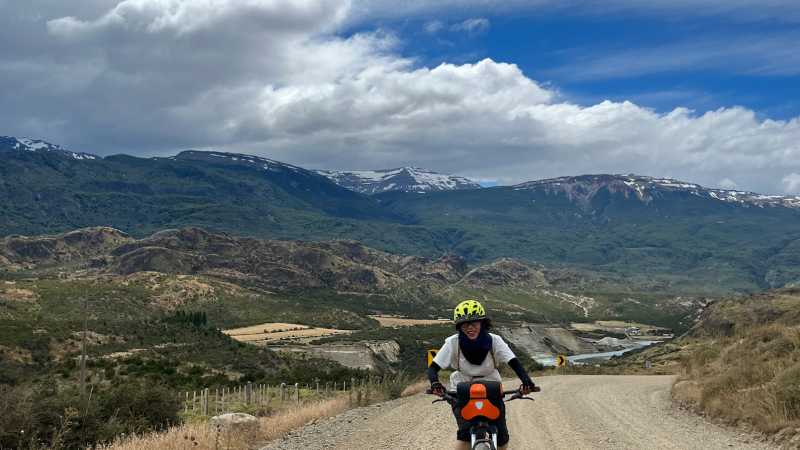 Challeging slope of the road towards Cochrane, cycling in remote Patagonia is not easy but definitely rewarding