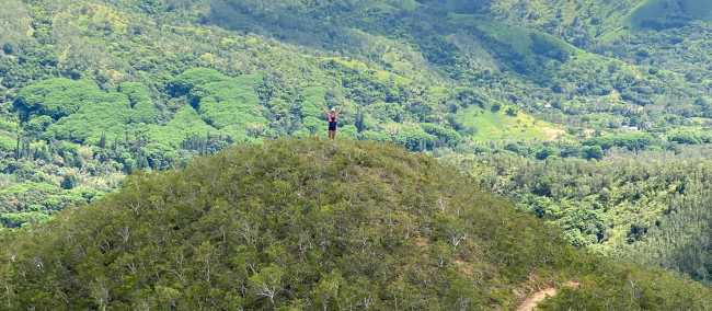 Trekker celebrates the view from a high point along the GR Nord