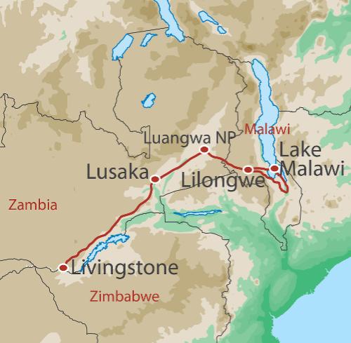 tourhub | World Expeditions | Livingstone's Africa - Zambia & Malawi Explorer | Tour Map