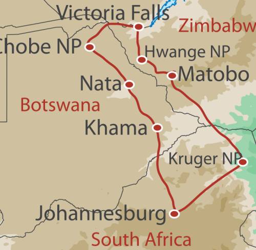 tourhub | World Expeditions | Botswana and Zimbabwe Explorer | Tour Map