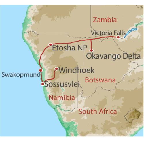 tourhub | World Expeditions | Southern African Desert Rivers and Wildlife (VFA to WDH) | Tour Map