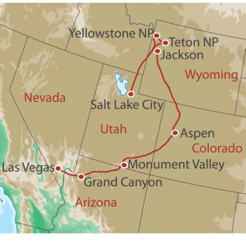 tourhub | World Expeditions | Grand Canyon, Yellowstone and Rocky Mountain Trails | Tour Map