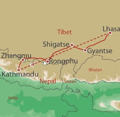 tourhub | World Expeditions | Lhasa to Kathmandu via Tibet's Everest BC | Tour Map