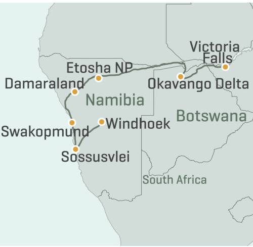tourhub | World Expeditions | Namibia to Victoria Falls Explorer | Tour Map
